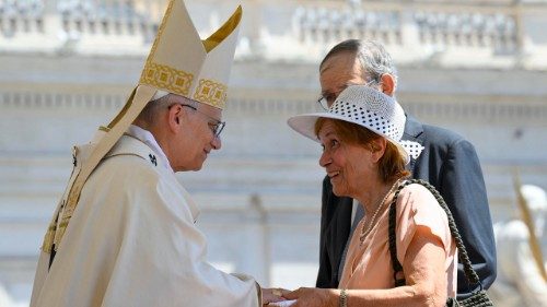 File photo of Pope Leo XIV greeting a "grandparent" in St Peter's Square