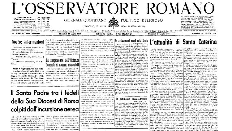 La prima pagina nel 1943 de "L'Osservatore Romano" sul bombardamento di Roma