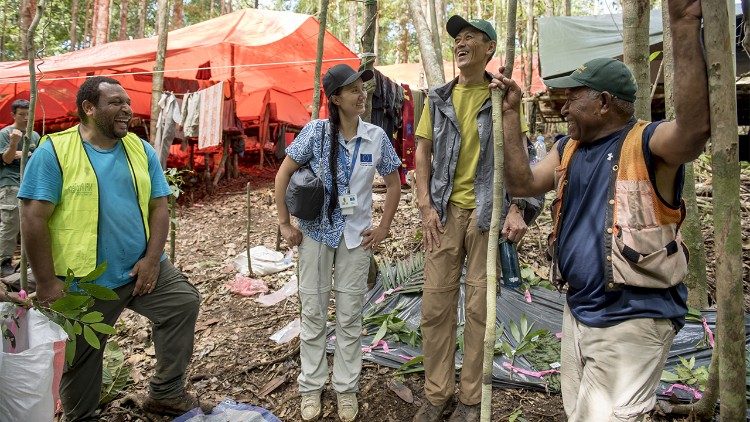 National Forest Inventory Botany team members tag and record plant specimens collected the previous day at the NFI camp near Kupiano, Papua New Guinea.