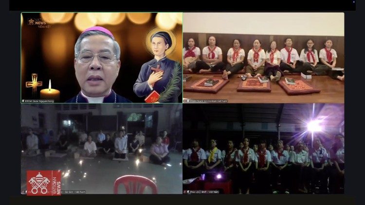 Un momento del collegamento video con vari luoghi del mondo durante la preghiera per i 400 anni dalla nascita del beato vietnamita
