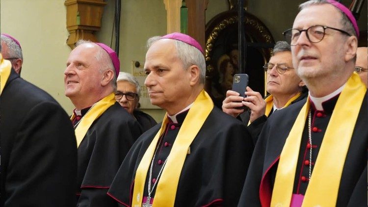 (L-R): Archbishop Michael Wallace Banach, Apostolic Nuncio to Hungary, then-Archbishop Robert Francis Prevost, Prefect of the Dicastery for Bishops, and then-Archbishop Claudio Gugerotti, Prefect of the Dicastery for Eastern Churches at Protection of the Mother of God Greek Catholic Church in Budapest on 29 April 2023. (Photo: Andras Kiraly)