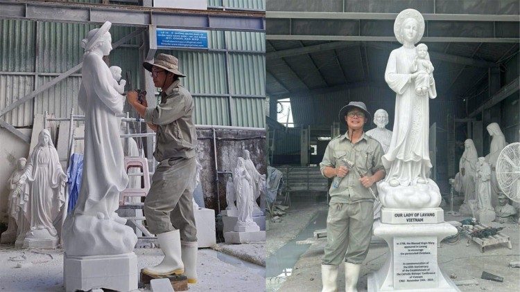 Nghệ nh&acirc;n Giuse Trần Văn Giang đang đi&ecirc;u khắc tượng