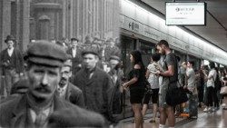 Rostros de trabajadores en una foto de 1900 y, en la actualidad, personas esperando un tren.