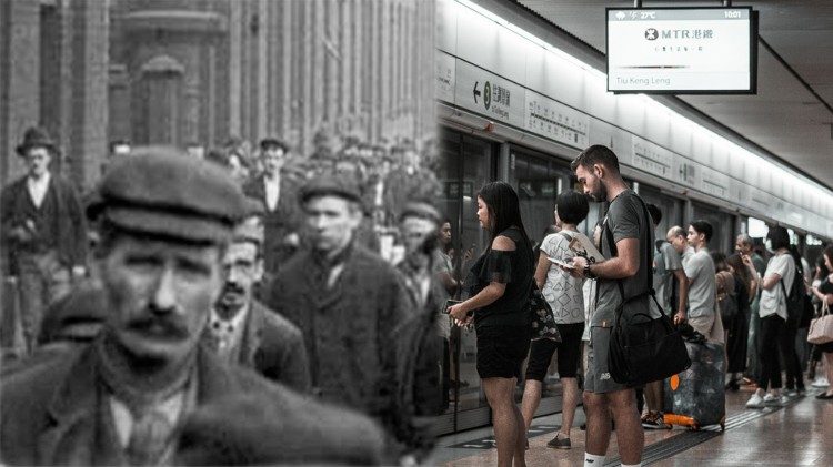 Rostros de trabajadores en una foto de 1900 y, en la actualidad, personas esperando un tren.