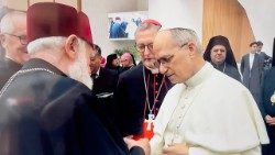 Архімандрыт Сяргей Гаек падчас размовы з Папам Львом XIV