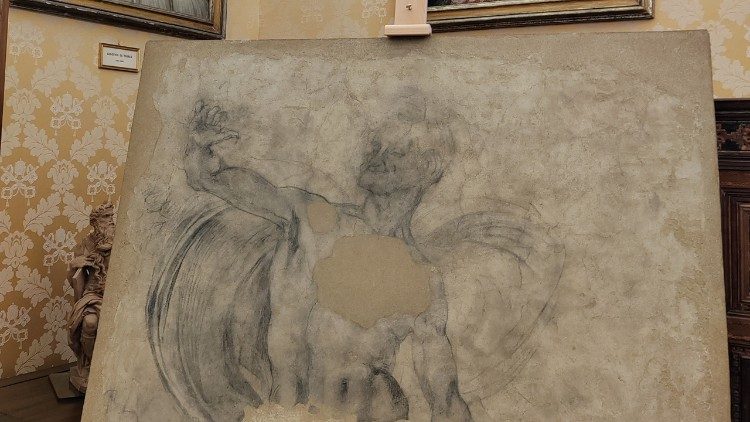 Miguel Ángel, fragmento de pared al carbón con un desnudo masculino de tres cuartos