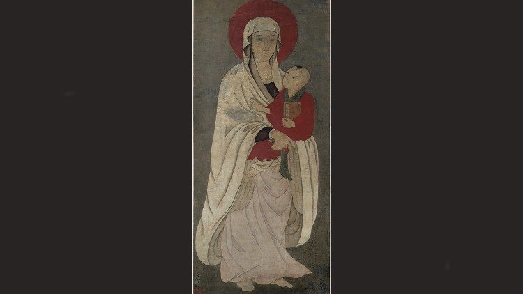 Ignoto pittore cinese, inizio XVII sec, Madonna col Bambino, colori e inchiostro su carta incollata su rotolo verticale di seta, Chicago, The Field Museum of Natural History
