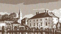 A tapolcai katolikus templom a Malom-tó mellett