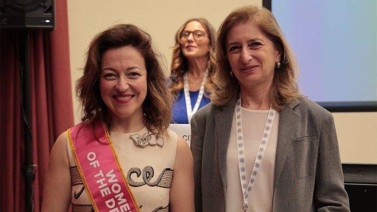 Guila Clara Kessous at the award ceremony with Italian First Lady, Laura Mattarella