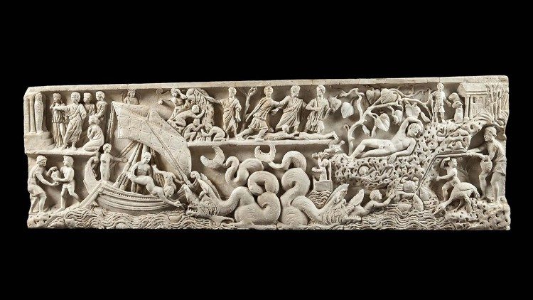 Sarcofago detto “di Giona” (parte frontale), ca. 300 d.C., 66 × 223 × 19 cm, Città del Vaticano, Musei Vaticani, Museo Pio Cristiano