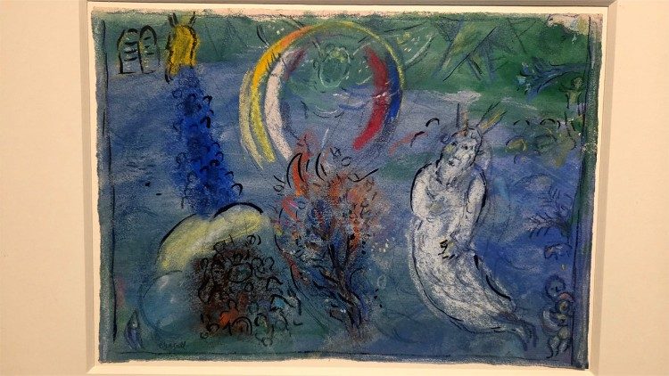 Marc Chagall Mosè e il roveto ardente, 1960-1966, inchiostro di china, gouache e pastello su carta, 25,6 × 36 cm, Nizza, Musée national Marc Chagall