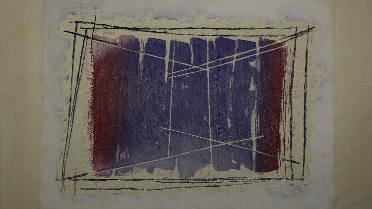 Jean Fautrier 	 (Paris 1898 – Châtenay-Malabry 1964) Projections (Dedicata a Ungaretti), 1962 Acquaforte, acquatinta, lavis e gaufrage (II stato; es. 1/25), mm 573 × 805 Dono Gloria e Giovanni Piccioni, 12/01/2024 Musei Vaticani, Collezione d’Arte Moderna e Contemporanea