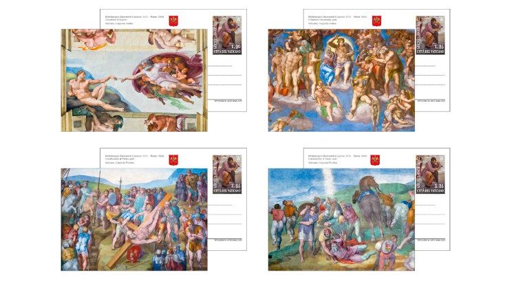 Postais dedicados às obras de Michelangelo no Vaticano, 550 anos após o nascimento do artista