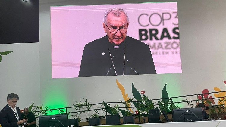 Il cardinale Parolin legge il messaggio di Papa Leone XIV ai partecipanti alla Conferenza Onu sui cambiamenti climatici a Belem (Brasile)