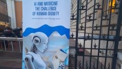 Der einzige Roboter weit und breit prangte auf dem Themenbanner der Konferenz in der römischen Jesuiten-Zentrale