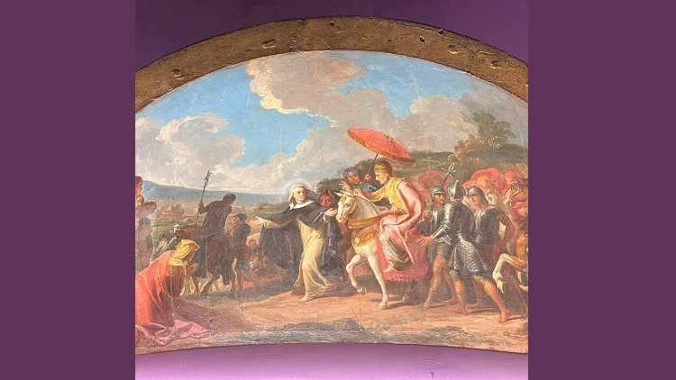 Ermenegildo Costantini, santa Caterina da Siena accoglie il Papa Gregorio XI al suo rientro con la curia dalla sede avignonese, olio su legno sagomato, 1769, Venerabile arciconfraternita di santa Caterina da Siena, Roma