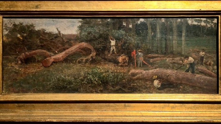 Guglielmo Mangiarelli, Abbattimento degli alberi di Villa Ludovisi, 1885 olio su tavola, cm 21,4 Σ 56,5 Roma, Museo di Roma