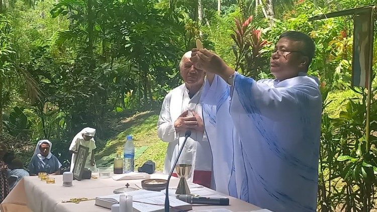 Pilgrims in Taogo with Fr Joseph Than SDB and Fr Zdzislaw Mlak SVD during the Holy mass at the home of Peter To Rot and families during the WWII
