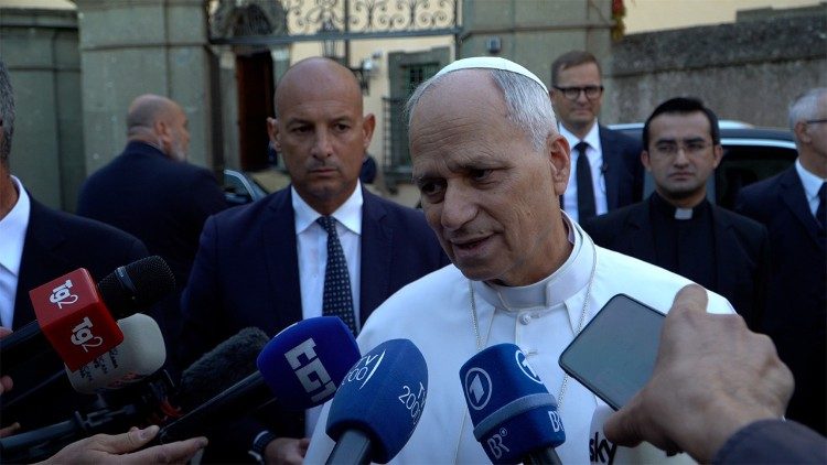 Pope Leo responds to journalists' questions at Castel Gandolfo