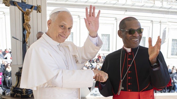 O Papa Leão XIV com o Cardeal Dom Arlindo Gomes Furtado, na Audiência Jubilar - Jubileu dos Migrantes e Missionarios