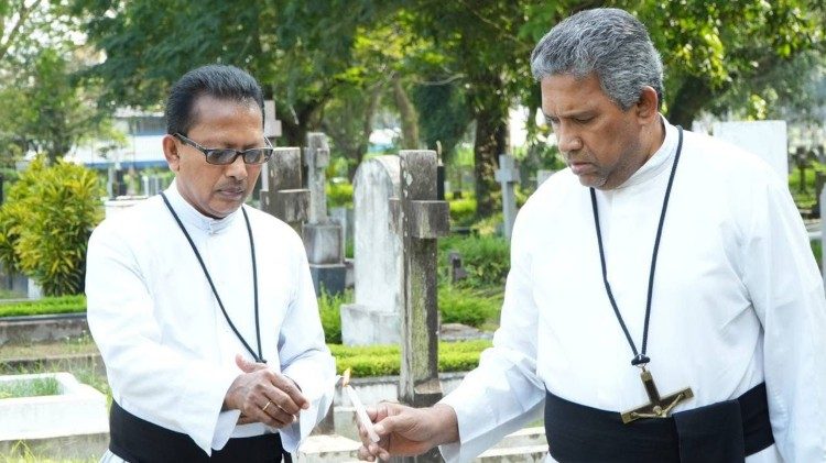 Fr Rohan Silva and one of his brother priests in Colombo at an event to commemorate the victims