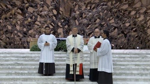Cardinal Mario Grech leads a prayer at during the Jubilee for Synodal Teams