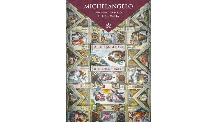 Il foglietto filatelico per il 550° anniversario della nascita di Michelangelo