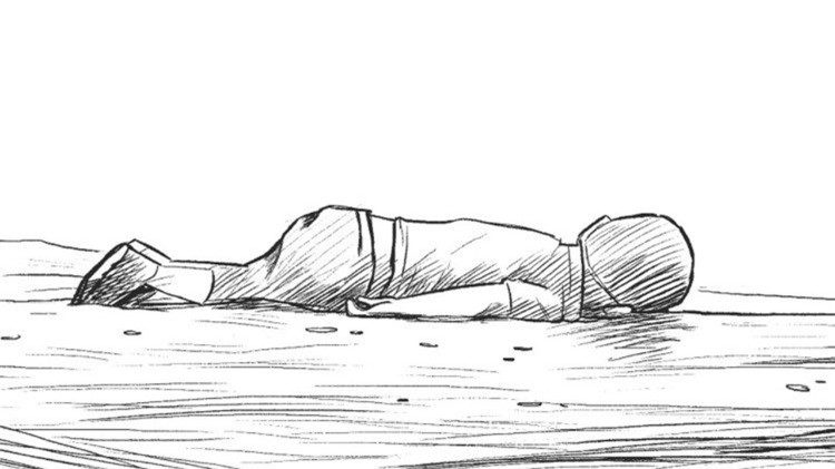 Alan Kurdi, il piccolo migrante siriano di etnia curda trovato morto sulla spiaggia di Bodrum, in Turchia, nel settembre 2015 (disegno di Lukesure)