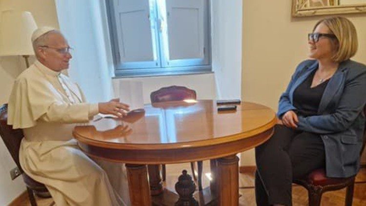 Pope Leo XIV speaking with journalist Elise Ann Allen, senior correspondent at CruxNow and author of "Leo XIV: Citizen of the World, Missionary of the 21st Century"