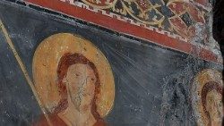 Un particolare della figura di san Giacomo nell'affresco all'interno della Chiesa dei Santi Bonifacio e Alessio all'Aventino