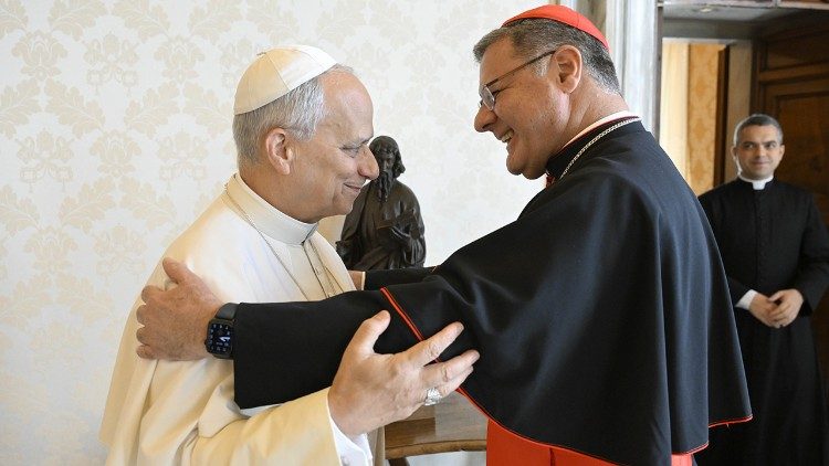 O cardeal Paulo Cezar Costa cumprimenta o Papa Leão XIV na audiência da quinta-feira (25/09).