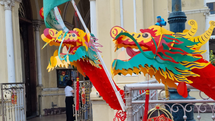The exterior of Holy Rosary Church in Bangkok is adorned with seasonal Lunar New Year decorations. Photo: LiCAS News