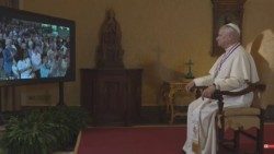 Image of Pope Leo addressing those gathered at the National Constitution Center in Philadelphia as awarded the 38th Liberty Medal on the eve of the 250th anniversary of the founding of the United States