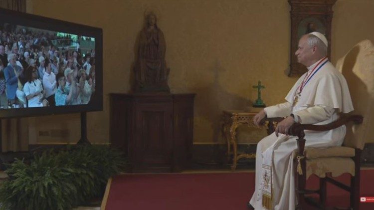 Image of Pope Leo addressing those gathered at the National Constitution Center in Philadelphia as awarded the 38th Liberty Medal on the eve of the 250th anniversary of the founding of the United States