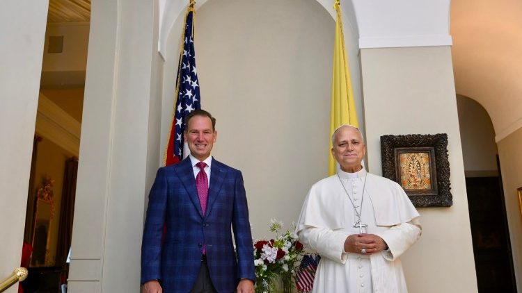 Pope Leo visits US Ambassador to the Holy See, Brian Burch, at his residence, Villa Richardson, for the Fourth of July