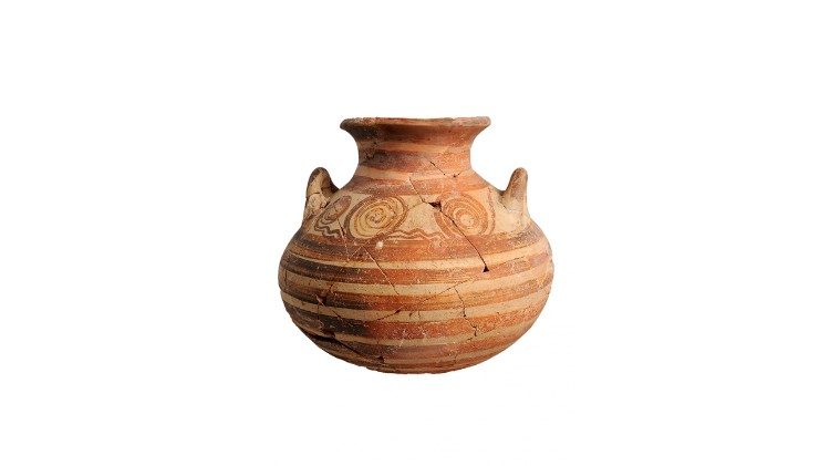 Vaso globulare, terracotta dipinta, tarda et&agrave; del Bronzo, circa 1600-1200 a.C. Area di Troia, &Ccedil;anakkale, T&uuml;rkiye,