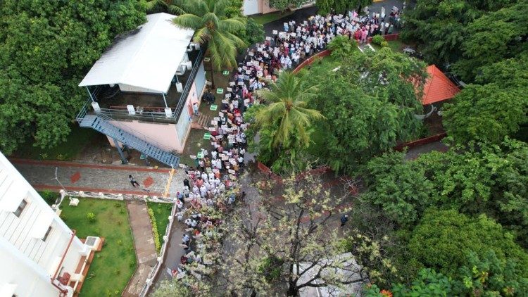An aerial view captures the scale of participation as marchers assemble  at Stella Maris College, Chennai. Photo: Seon Jose