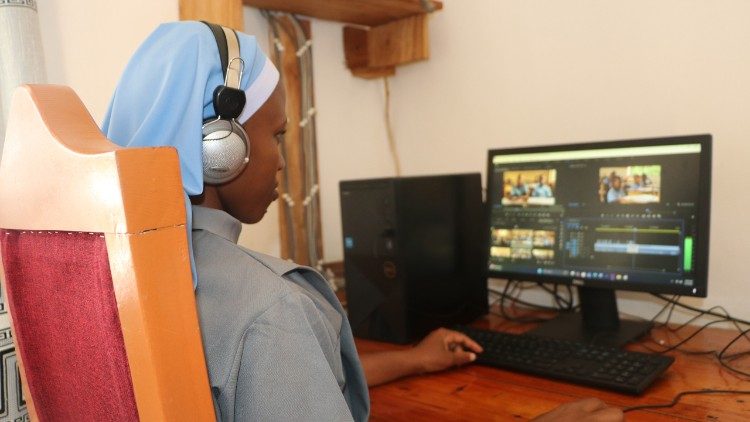 Sr. Catherine Karata editing a program