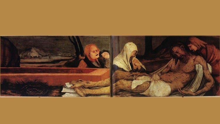 La predella dell'Altare di Isenheim di Matthias Gr&uuml;newald raffigurante la deposizione 