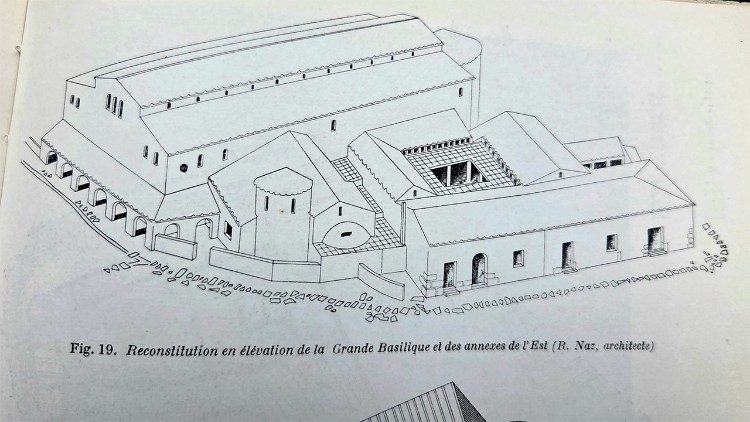 Ipotesi di ricostruzione della Grande Basilica e degli edifici annessi secondo Erwan Marec, "Monuments Chr&eacute;tiens d'Hippone ville &eacute;piscopale de Saint Augustin" 1958