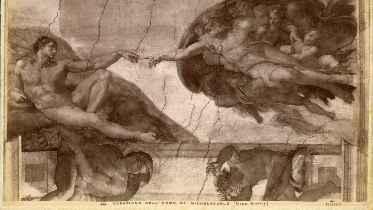 3.	Domenico Anderson, Michelangelo, Creazione di Adamo, Musei Vaticani, Cappella Sistina, Volta, albumina montata su tela, ante 1899, Fototeca Musei Vaticani