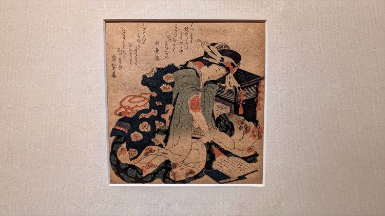 Surimono "Donna accanto a una libreria" (1820)