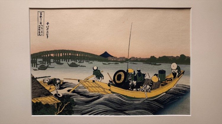 "Veduta al tramonto sul ponte Ryogoku dall'argine di Onmayagashi" dalla serie "Trentasei vedute del monte Fuji" (1830-1832)