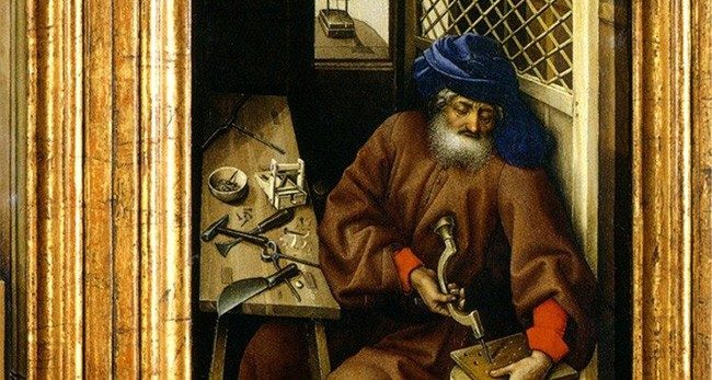 Bottega di Robert Campin, San Giuseppe lavoratore (particolare), Trittico dell'Annunciazione (Pala d'altare M&eacute;rode) ca. 1427-32, Metropolitan Museum of New York. Sulla finestra e sul tavolo di lavoro ci sono due trappole per topi.
