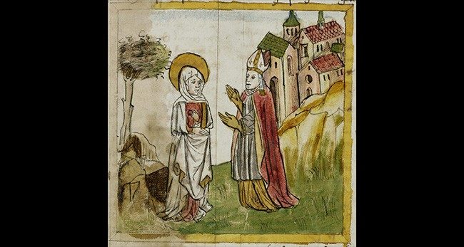 Die heilige Wiborada mit dem Bischof von St. Gallen. Stiftsbibliothek St.Gallen, Codex Sangallensis 602
