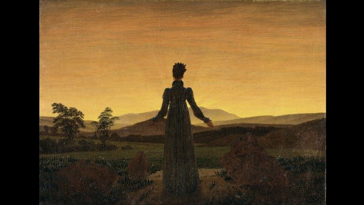 Il dipinto di Caspar David Friedrich "Donna al tramonto del sole"