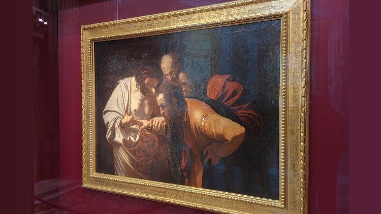 Michelangelo Merisi detto Caravaggio e Prospero Orsi  Incredulit&agrave; di san Tommaso  1602-1607  Olio su tela, 118 &times; 156,5 cm  Collezione privata austriaca, Firenze  (gi&agrave; collezione Muratti, Trieste)