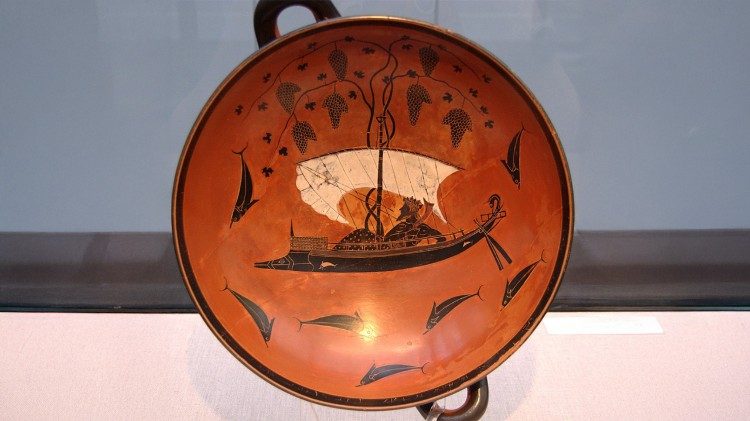 Coppa di Dioniso firmata da Exekias, ceramica attica a figure nere, 540 e il 530 a.C., Staatliche Antikensammlungen, Monaco di Baviera