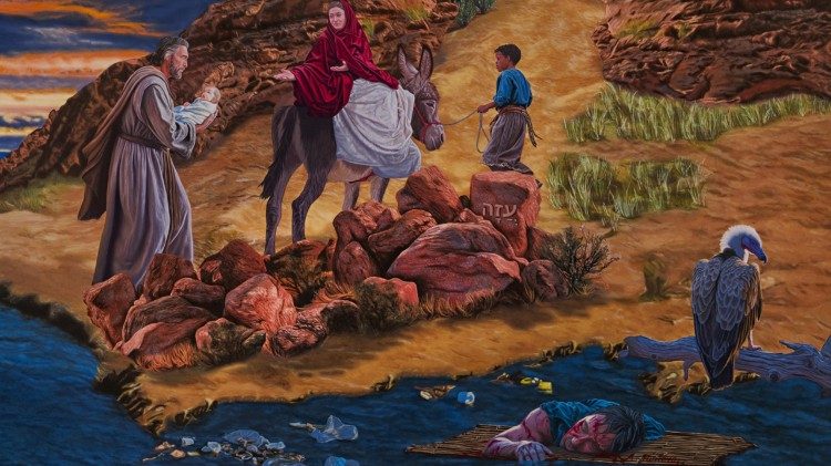 "La Famiglia esule", il dettaglio sul gruppo di personaggi composto da Giuseppe, Maria e il Bambino