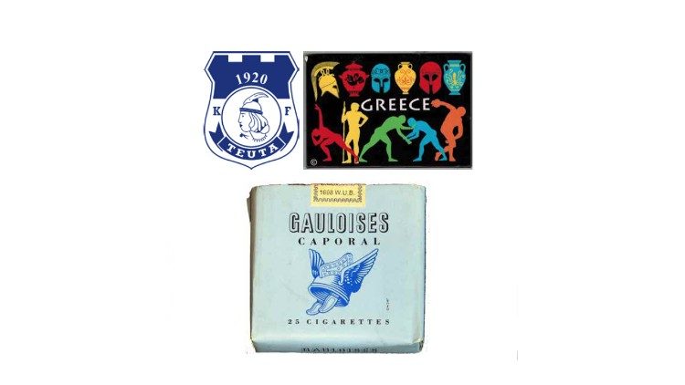 Logo del club calcistico “Teuta” di Durazzo (Albania) raffigurante il profilo immaginario della omonima regina illirica; Magnete venduto su bancarella turistica in Grecia con elmi, vasi antichi e silhouette di atleti tratte da opere d’arte classica; Pacchetto di sigarette prodotto dall’azienda francese Gauloises con impresso il logo con l’effigie di un presunto elmetto alato gallico.